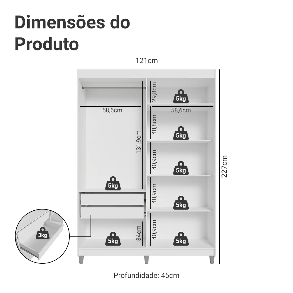 Guarda-Roupa Closet com Pés 2 Gavetas 121 cm Branco Venus Madesa - Image 3