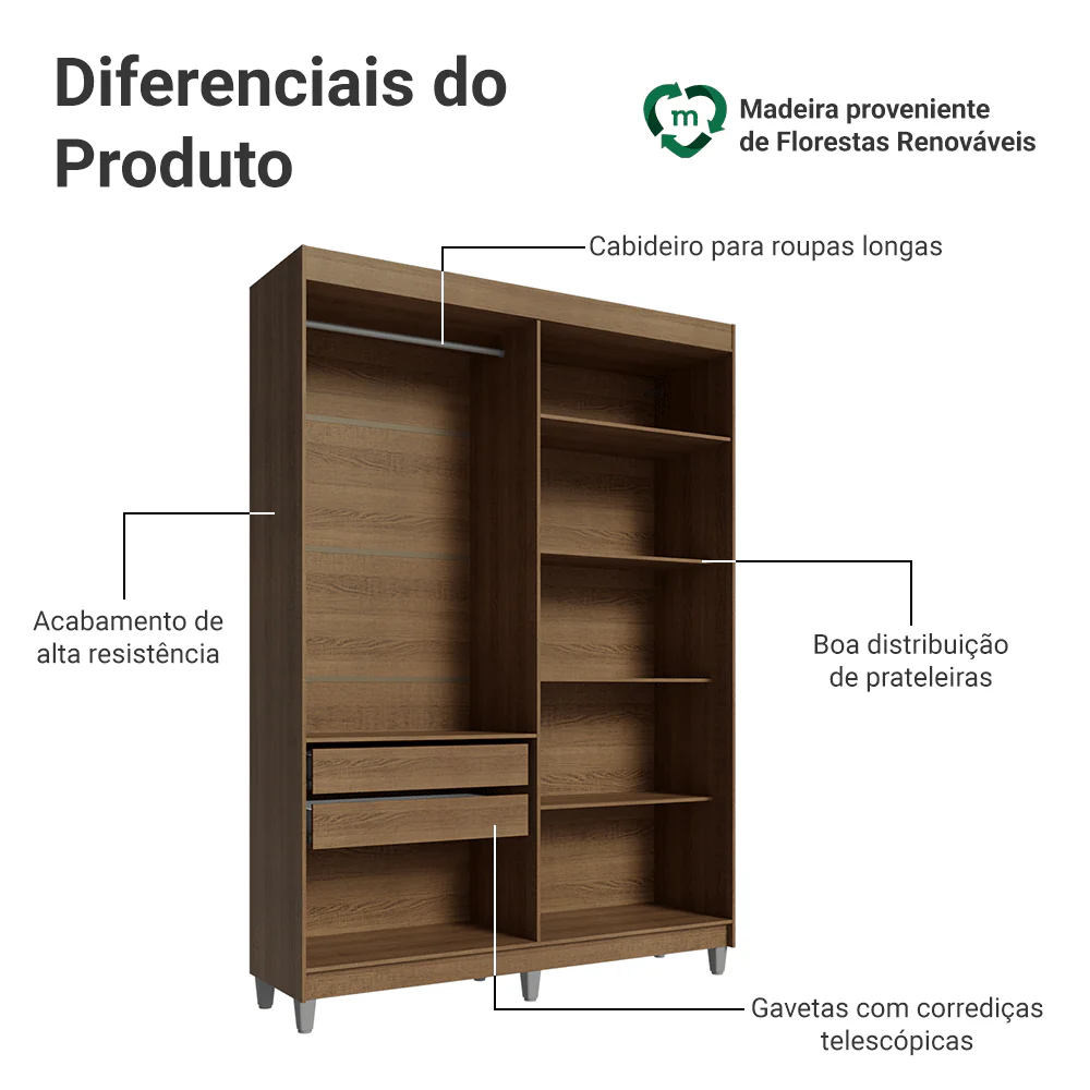 Guarda-Roupa Closet com Pés 2 Gavetas 121 cm Rustic Venus Madesa - Image 4
