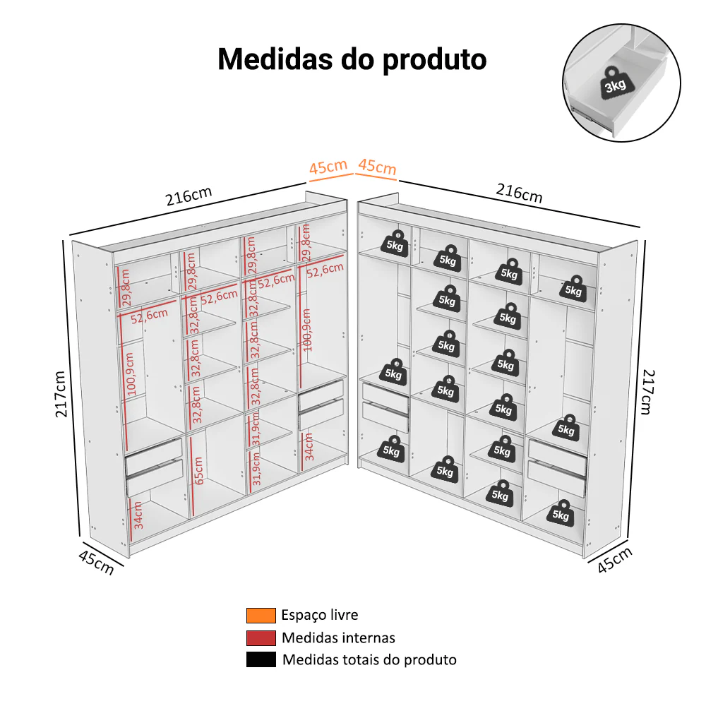 Guarda-Roupa Closet de Canto 522 cm 8 Gavetas Branco Venus Madesa - Image 3