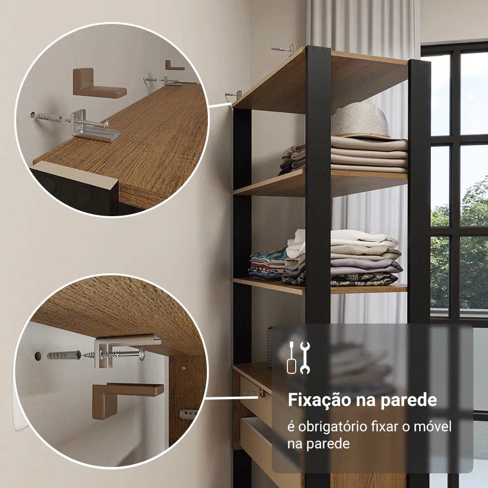 Guarda-Roupa Closet Modulado 4 Gavetas 18 Prateleiras 258cm Rustic/Preto Valencia Madesa - Image 7