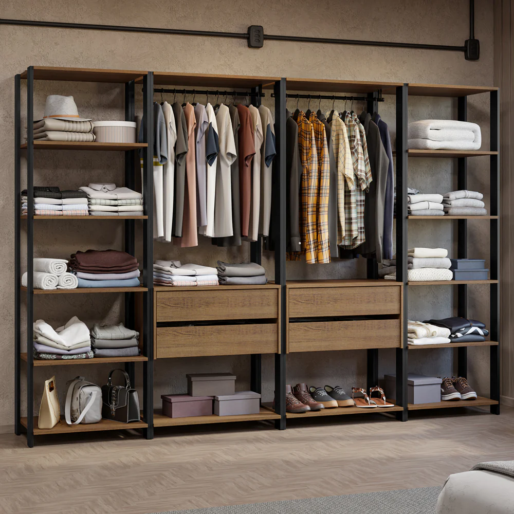 Guarda-Roupa Closet Modulado 4 Gavetas 258cm Rustic/Preto Madesa 01 Valencia