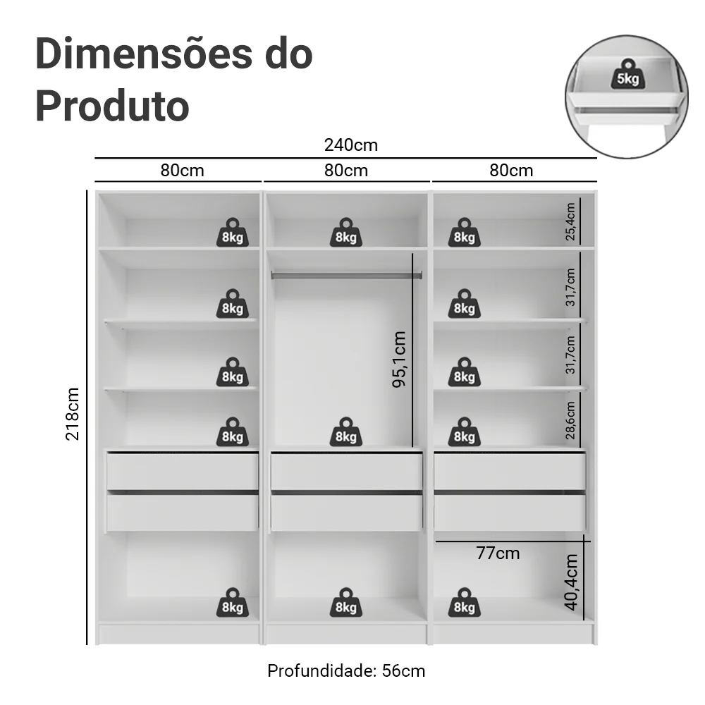 Guarda-Roupa Modulado 240 cm 6 Portas com Espelhos 6 Gavetas Branco Neo Madesa 04 - Image 3