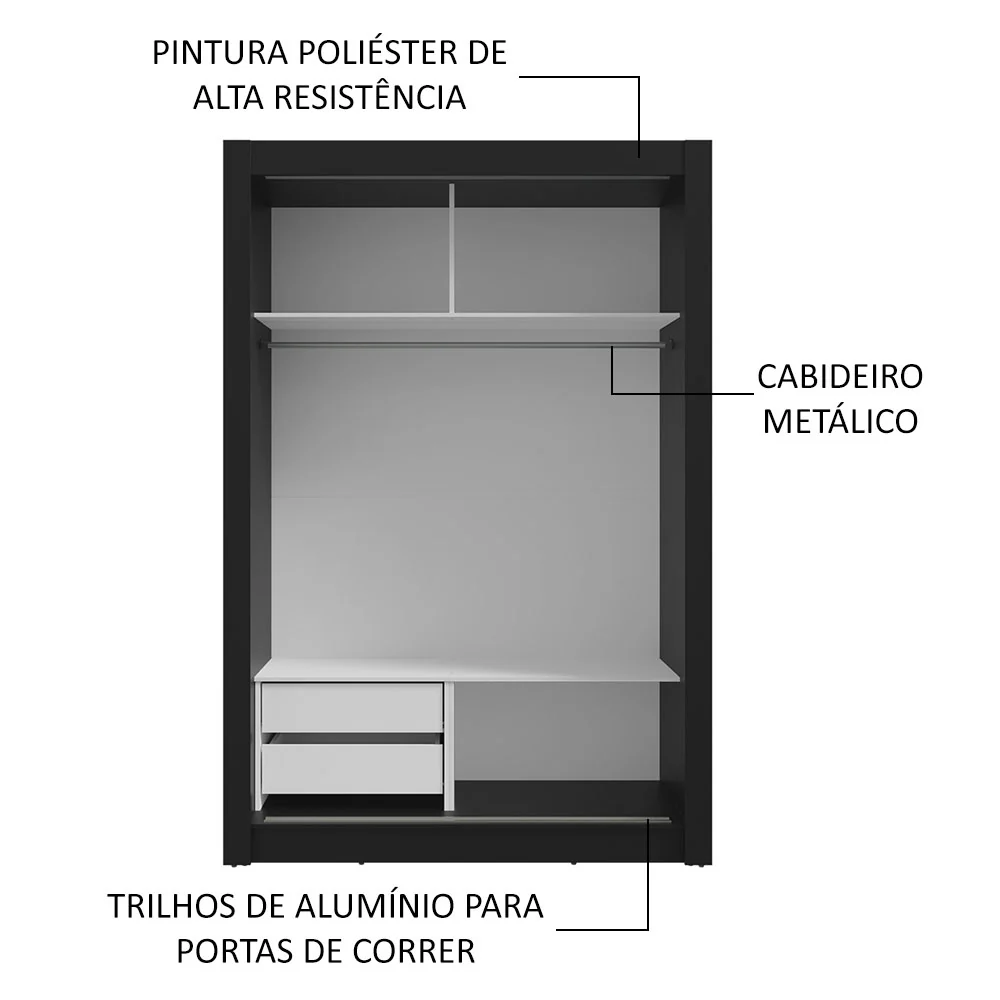 Guarda-Roupa Solteiro 2 Portas de Correr 2 Gavetas Preto Vivare Madesa - Image 6