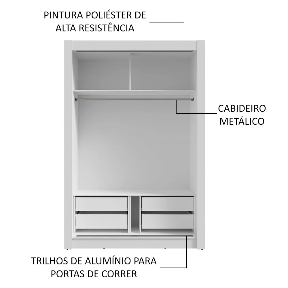 Guarda-Roupa Solteiro 2 Portas de Correr com Espelho 4 Gavetas Branco/Cinza Vivare Plus Madesa - Image 6