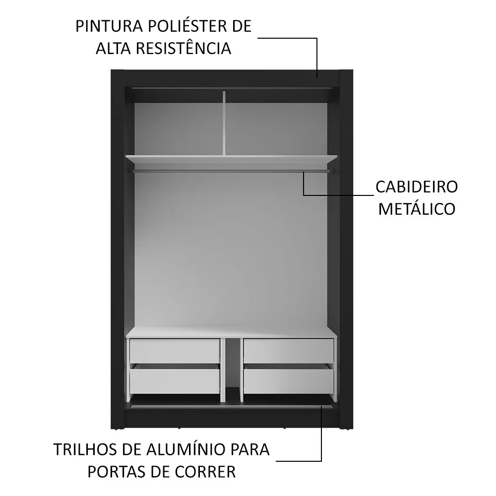 Guarda-Roupa Solteiro 2 Portas de Correr com Espelho 4 Gavetas Preto Vivare Plus Madesa - Image 6
