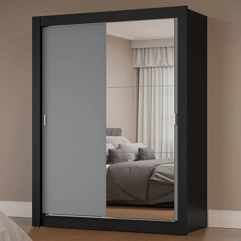 Guarda-Roupa Solteiro 2 Portas de Correr com Espelho Preto/Cinza Milano Madesa