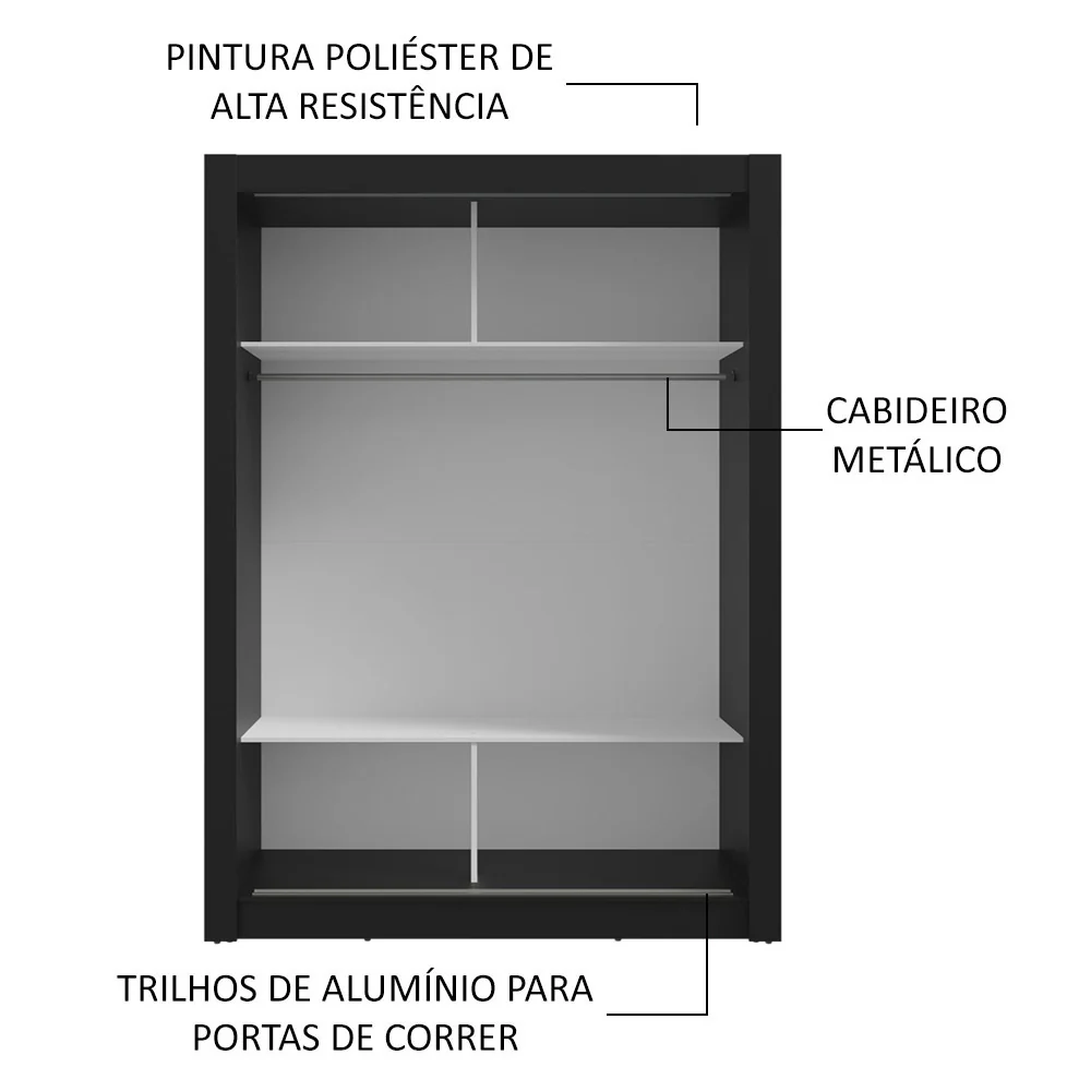 Guarda-Roupa Solteiro 2 Portas de Correr com Espelho Preto/Cinza Milano Madesa - Image 6