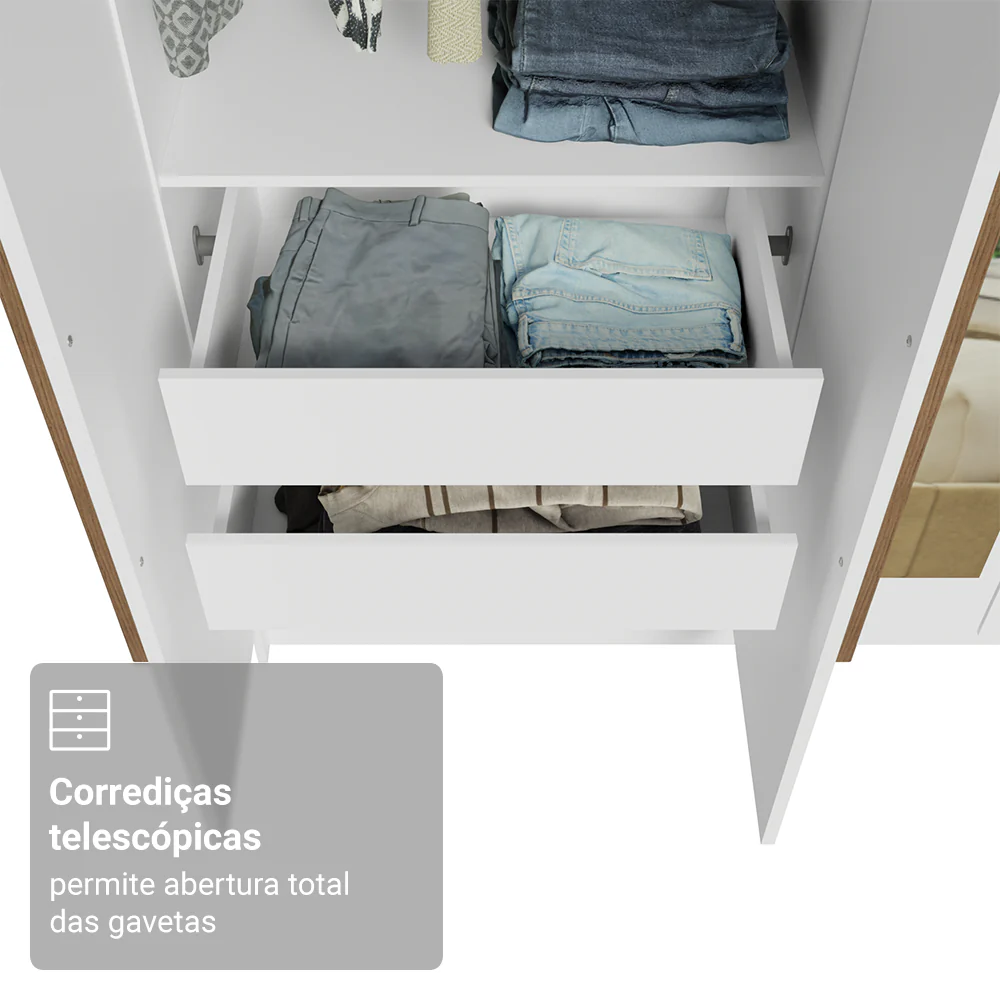 Guarda-Roupa Solteiro 4 Portas Batentes com Espelho Branco/Branco/Rustic Venus Madesa - Image 7
