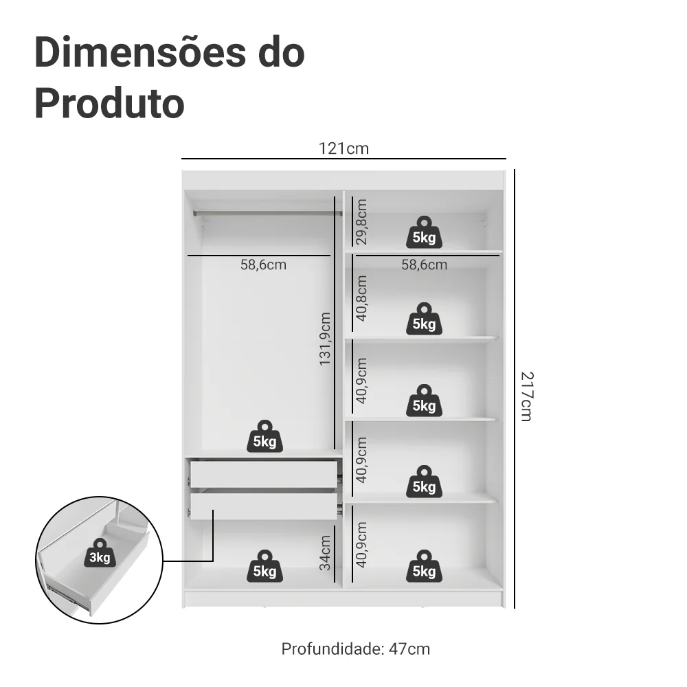 Guarda-Roupa Solteiro 4 Portas Batentes com Espelho Branco/Preto/Preto Venus Madesa - Image 3