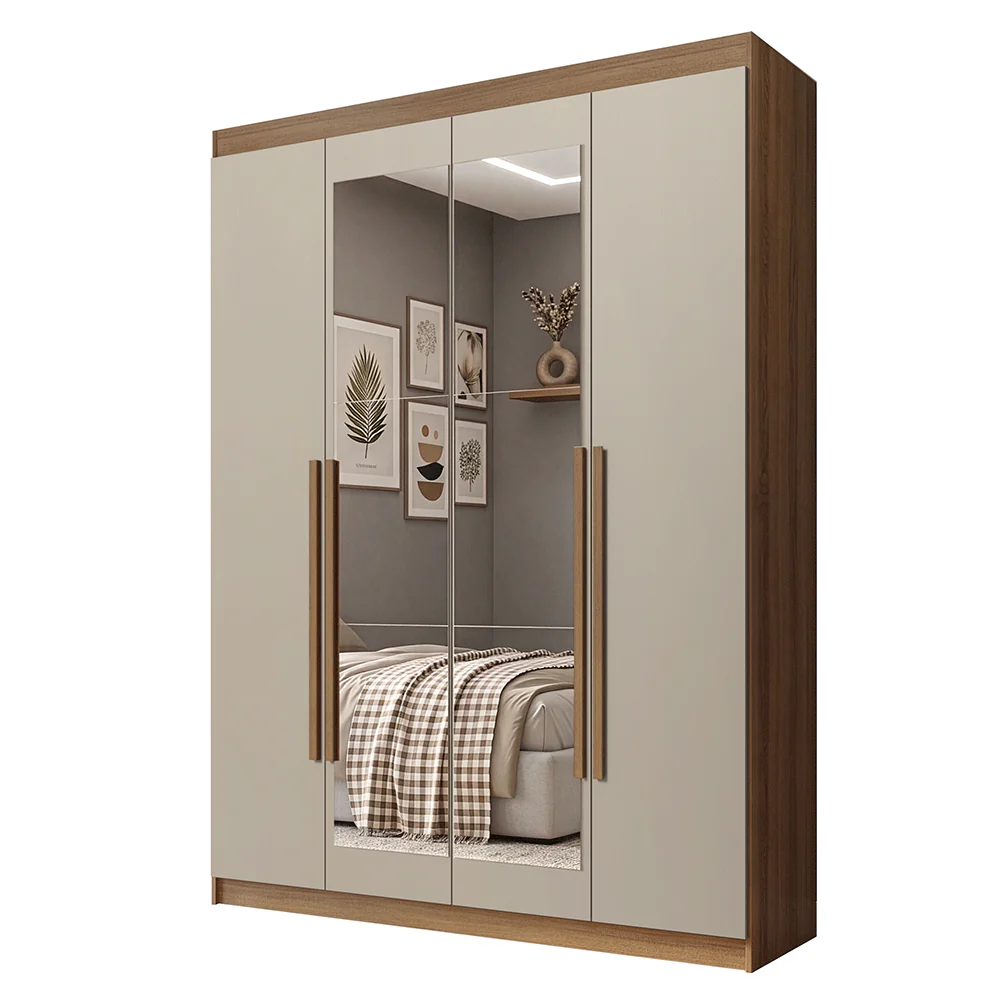 Guarda-Roupa Solteiro 4 Portas Batentes com Espelho Rustic/Crema/Rustic Venus Madesa - Image 2