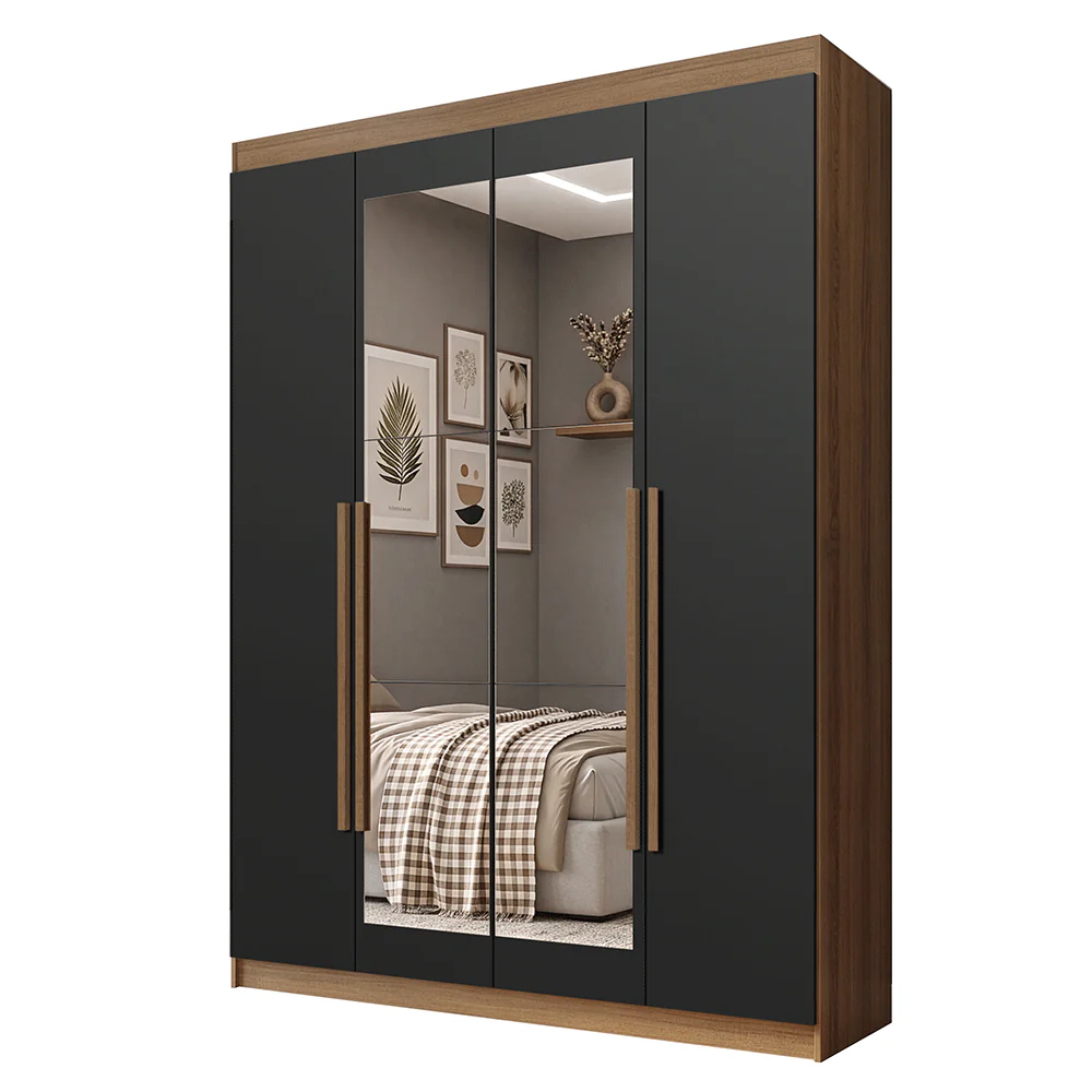 Guarda-Roupa Solteiro 4 Portas Batentes com Espelho Rustic/Preto/Rustic Venus Madesa - Image 2
