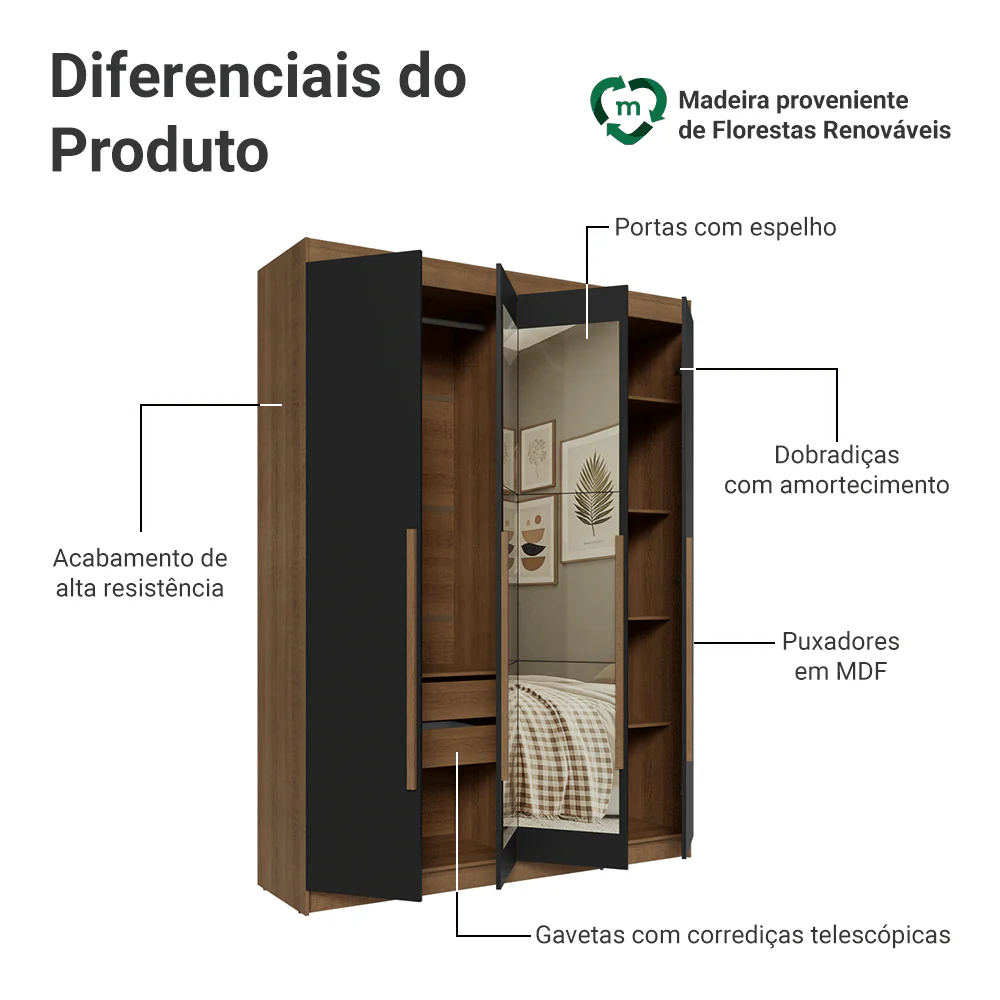 Guarda-Roupa Solteiro 4 Portas Batentes com Espelho Rustic/Preto/Rustic Venus Madesa - Image 4