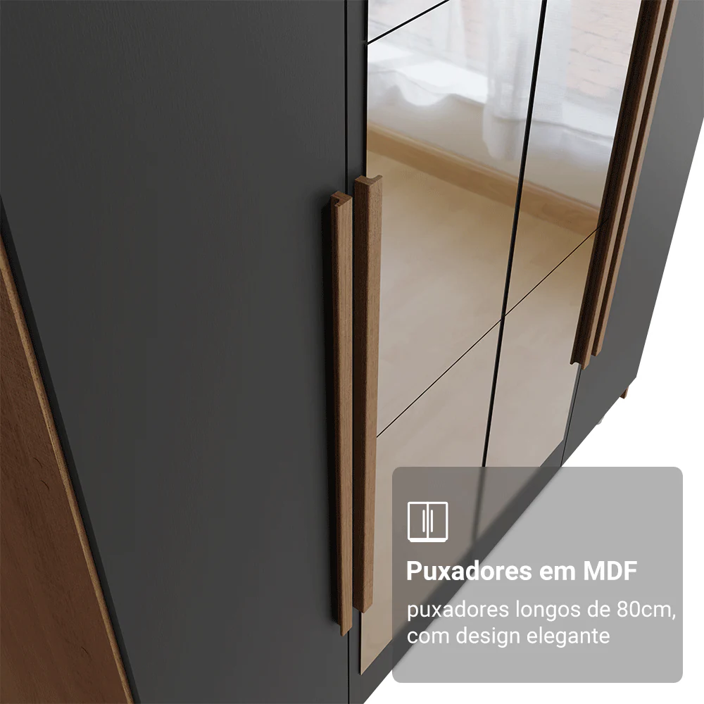 Guarda-Roupa Solteiro 4 Portas Batentes com Espelho Rustic/Preto/Rustic Venus Madesa - Image 6