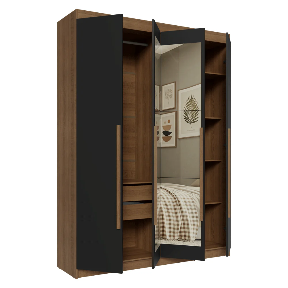 Guarda-Roupa Solteiro 4 Portas Batentes com Espelho Rustic/Preto/Rustic Venus Madesa - Image 9