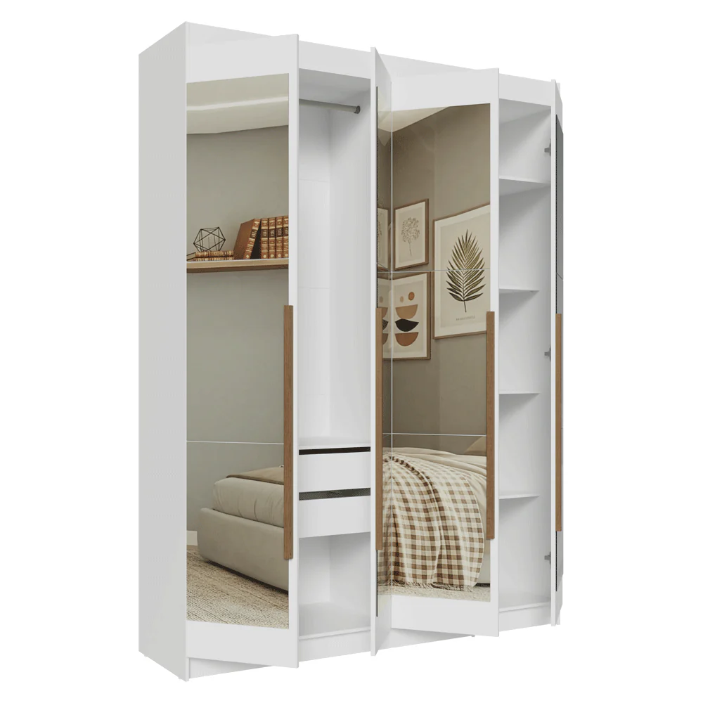 Guarda-Roupa Solteiro 4 Portas Batentes com Espelhos Branco/Branco/Rustic Venus Madesa - Image 9