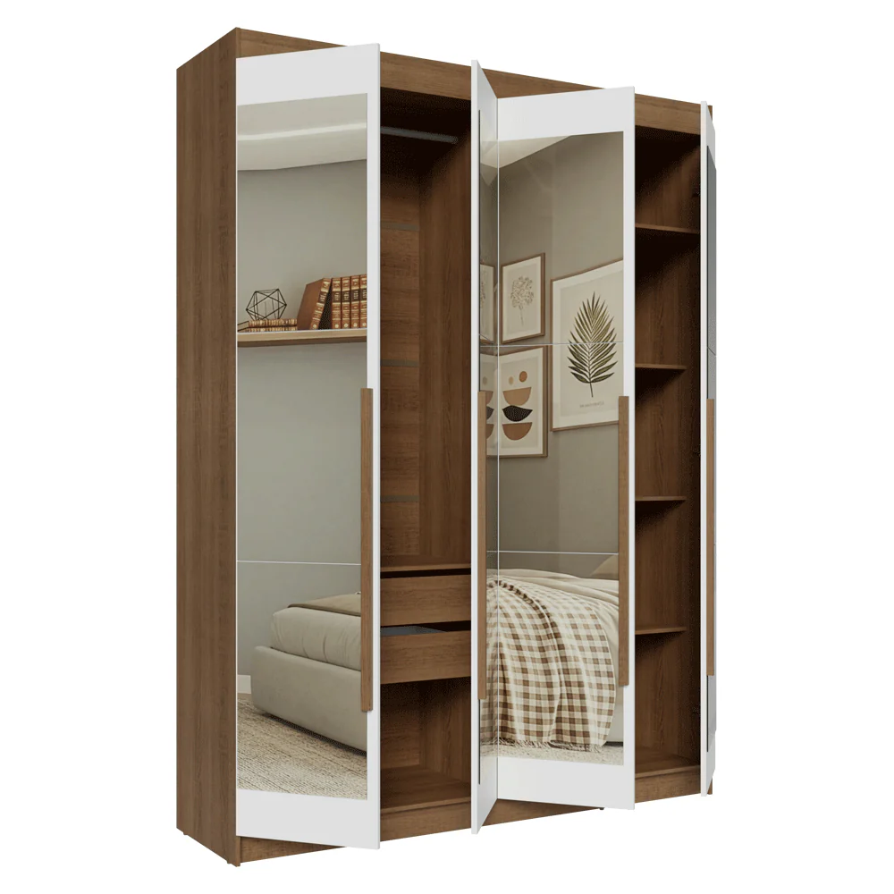 Guarda-Roupa Solteiro 4 Portas Batentes com Espelhos Rustic/Branco/Rustic Venus Madesa - Image 9