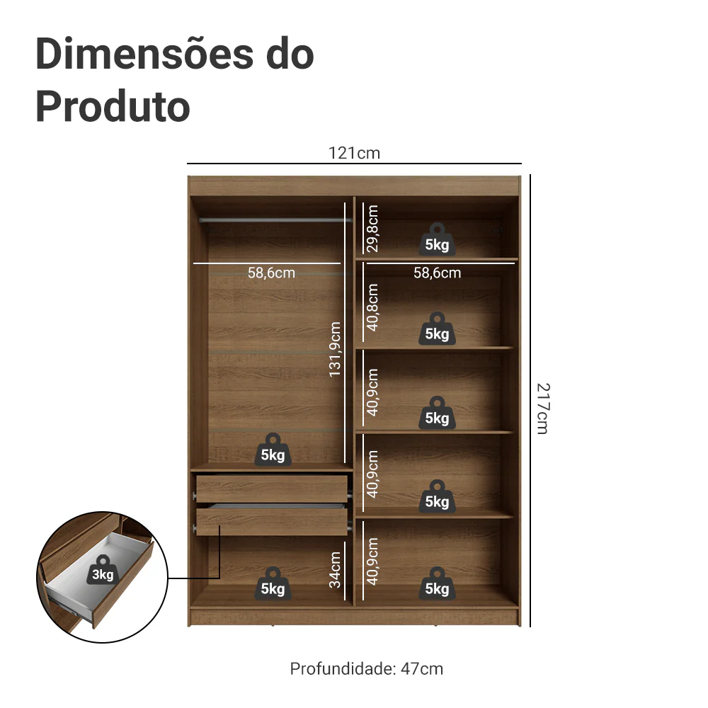 Guarda-Roupa Solteiro 4 Portas Batentes com Espelhos Rustic/Crema/Rustic Venus Madesa - Image 3