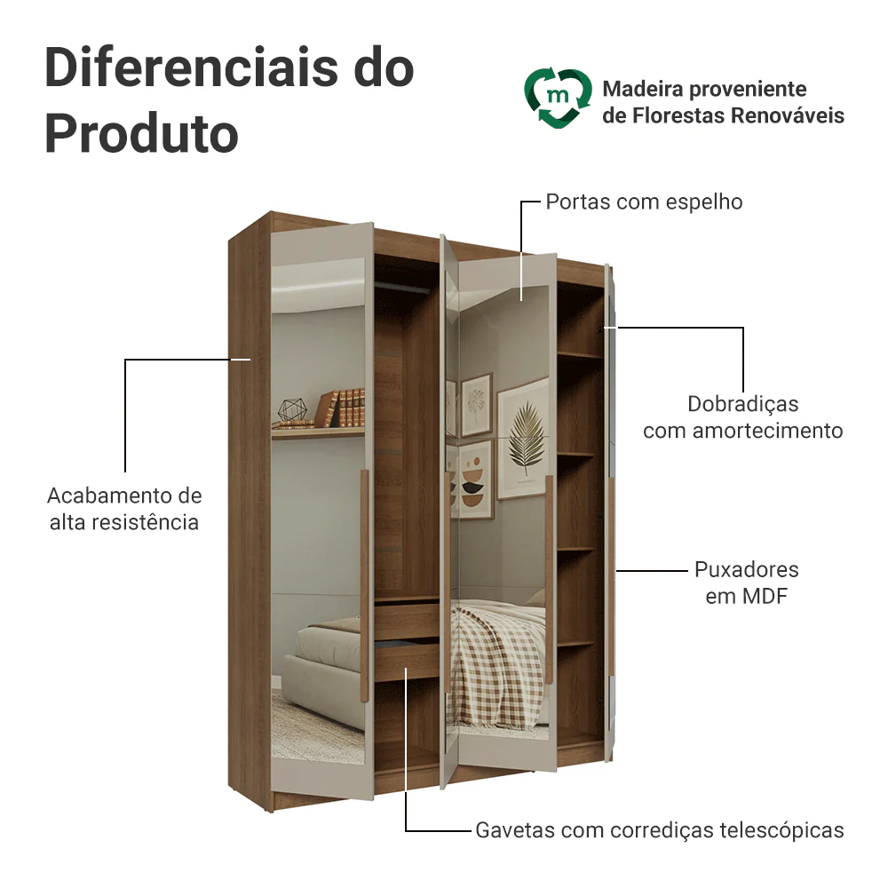 Guarda-Roupa Solteiro 4 Portas Batentes com Espelhos Rustic/Crema/Rustic Venus Madesa - Image 4