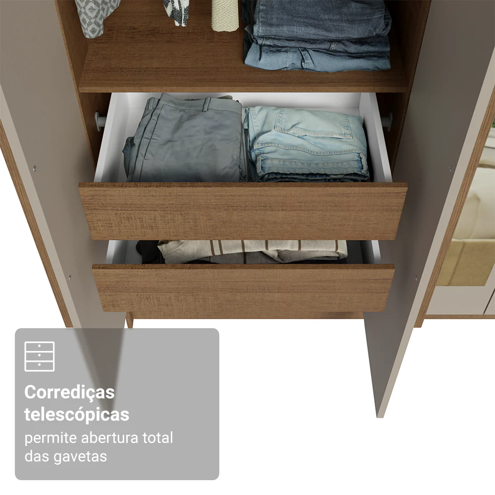 Guarda-Roupa Solteiro 4 Portas Batentes com Espelhos Rustic/Crema/Rustic Venus Madesa - Image 7