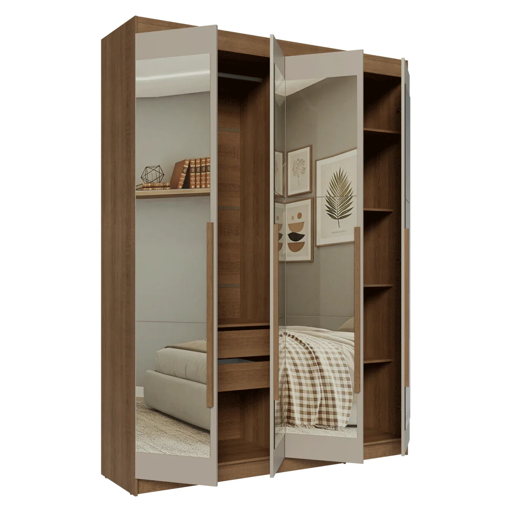 Guarda-Roupa Solteiro 4 Portas Batentes com Espelhos Rustic/Crema/Rustic Venus Madesa - Image 9