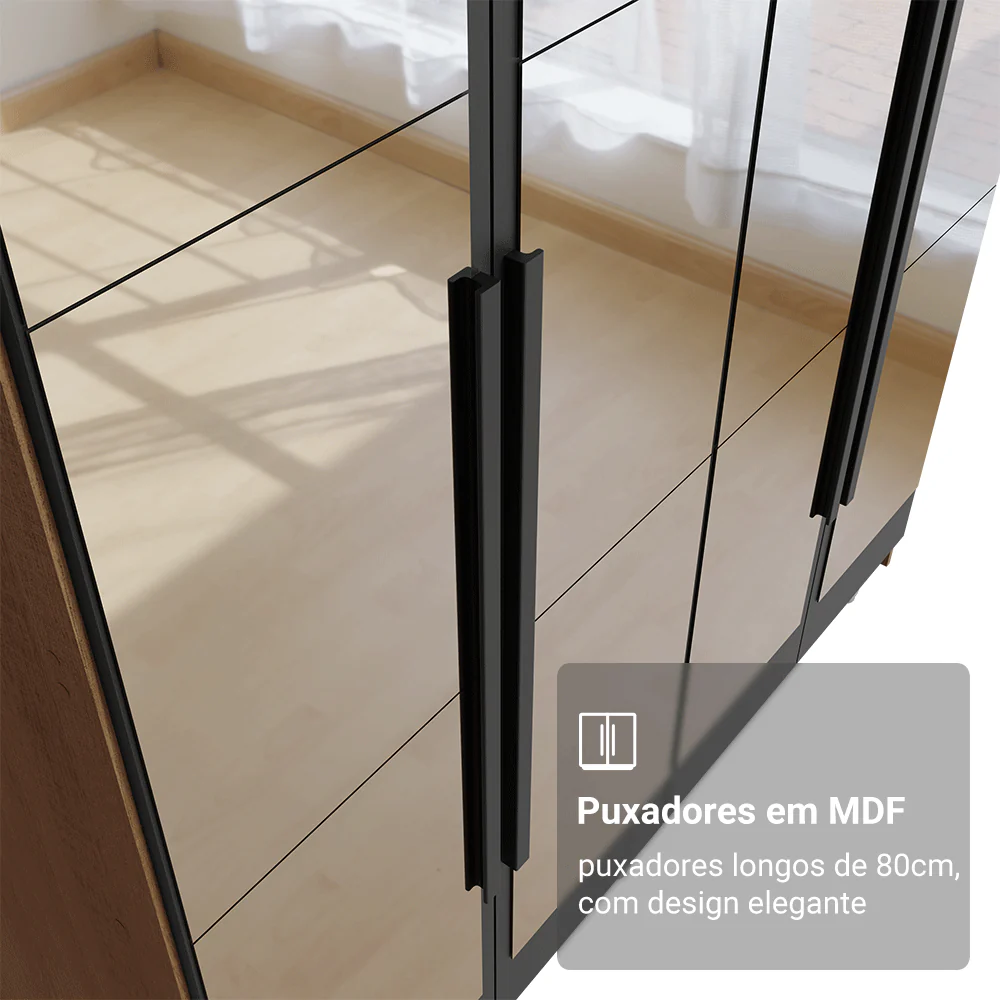 Guarda-Roupa Solteiro 4 Portas Batentes com Espelhos Rustic/Preto/Preto Venus Madesa - Image 6