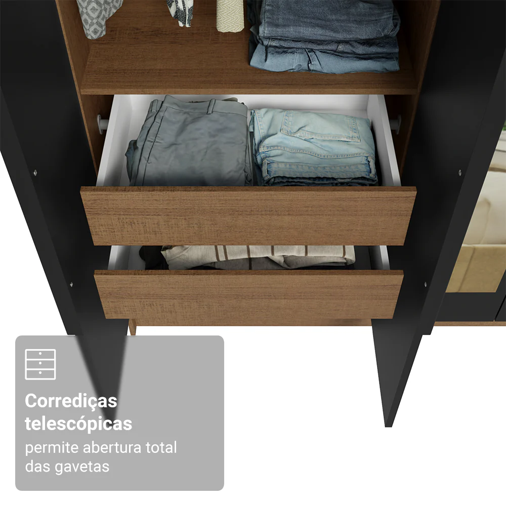 Guarda-Roupa Solteiro 4 Portas Batentes com Espelhos Rustic/Preto/Preto Venus Madesa - Image 7