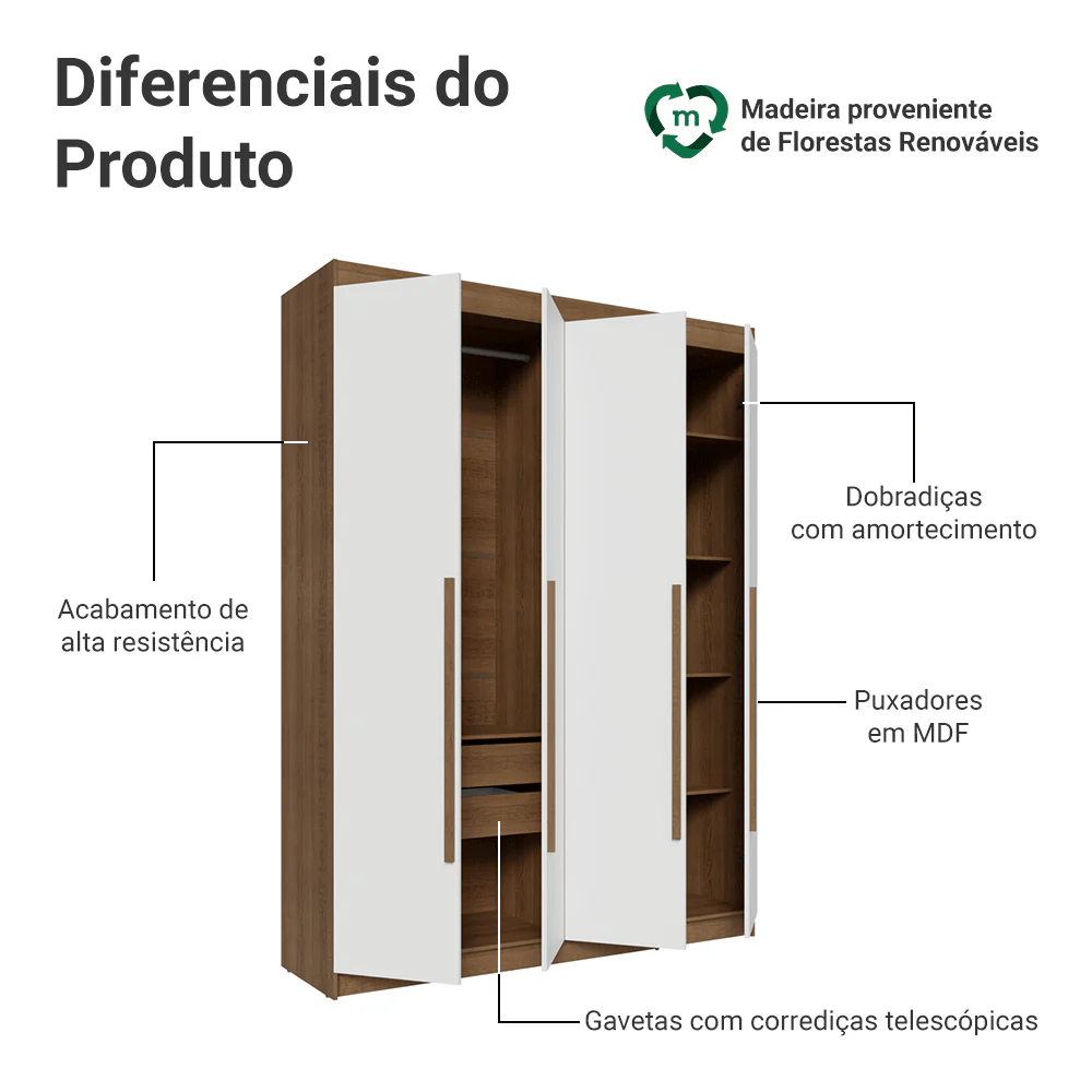 Guarda-Roupa Solteiro 4 Portas Batentes Rustic/Branco/Rustic Venus Madesa - Image 4