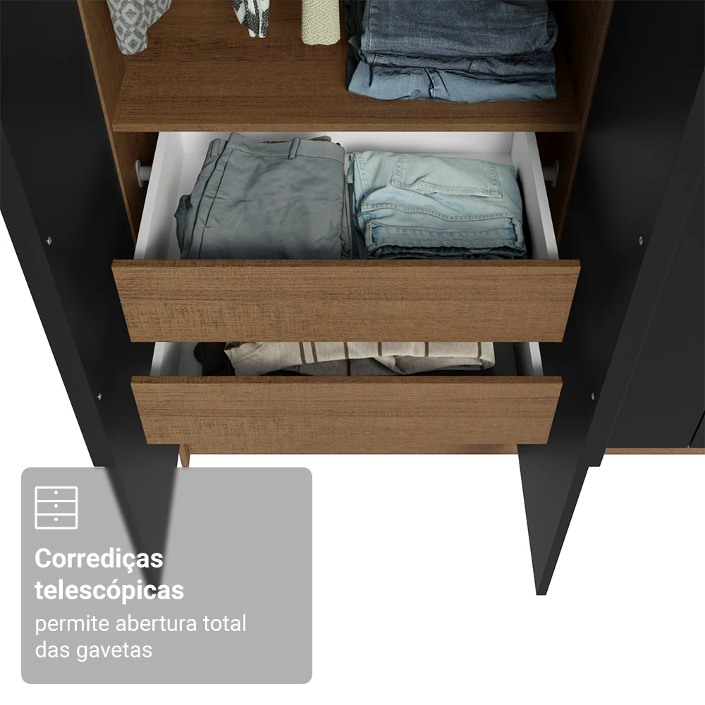Guarda-Roupa Solteiro 4 Portas Batentes Rustic/Preto/Preto Venus Madesa - Image 7