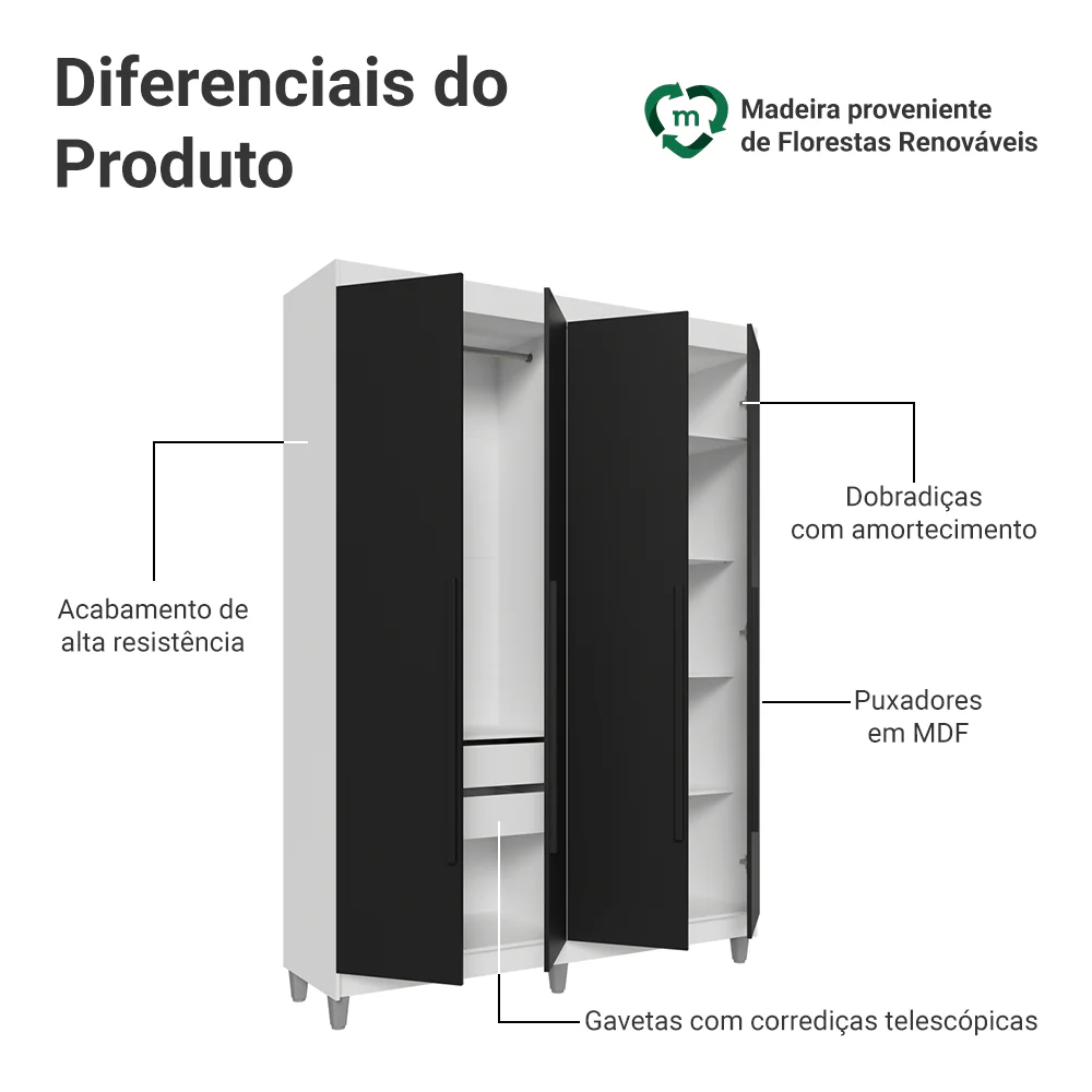 Guarda-Roupa Solteiro com Pés 4 Portas Batentes Branco/Preto/Preto Venus Madesa - Image 4