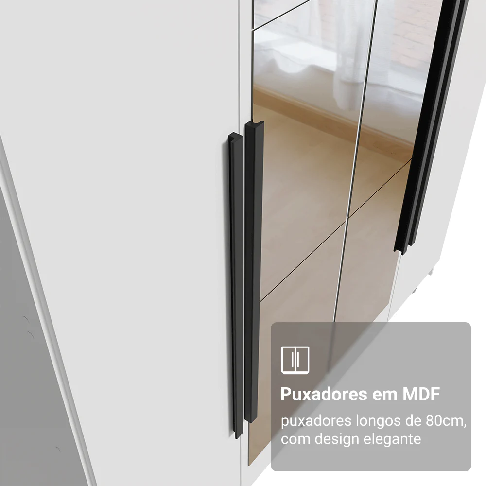 Guarda-Roupa Solteiro com Pés 4 Portas Batentes com Espelho Branco/Branco/Preto Venus Madesa - Image 6