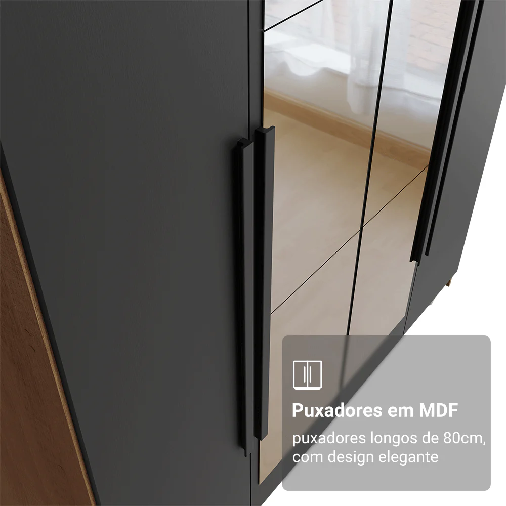 Guarda-Roupa Solteiro com Pés 4 Portas Batentes com Espelho Rustic/Preto/Preto Venus Madesa - Image 6