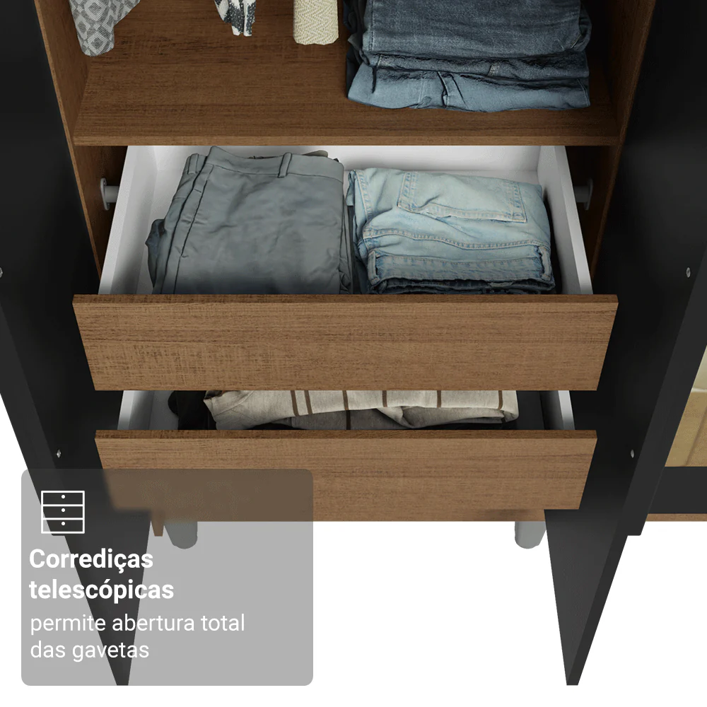 Guarda-Roupa Solteiro com Pés 4 Portas Batentes com Espelho Rustic/Preto/Preto Venus Madesa - Image 7