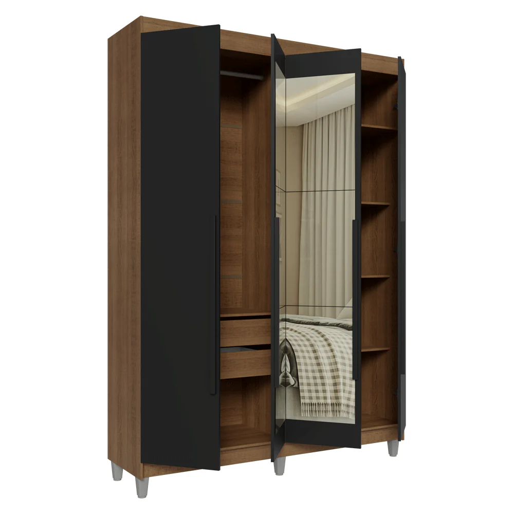 Guarda-Roupa Solteiro com Pés 4 Portas Batentes com Espelho Rustic/Preto/Preto Venus Madesa - Image 9