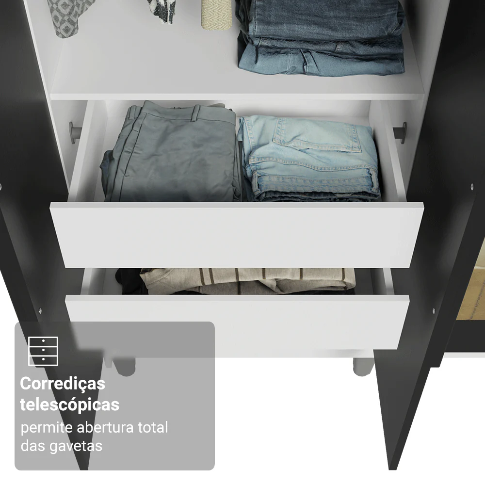 Guarda-Roupa Solteiro com Pés 4 Portas Batentes com Espelhos Branco/Preto/Preto Venus Madesa - Image 7
