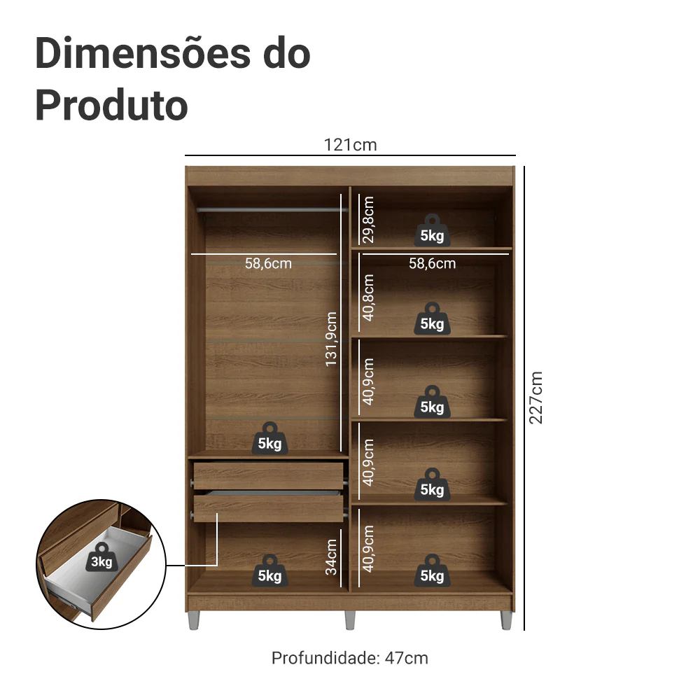 Guarda-Roupa Solteiro com Pés 4 Portas Batentes com Espelhos Rustic/Branco/Rustic Venus Madesa - Image 3