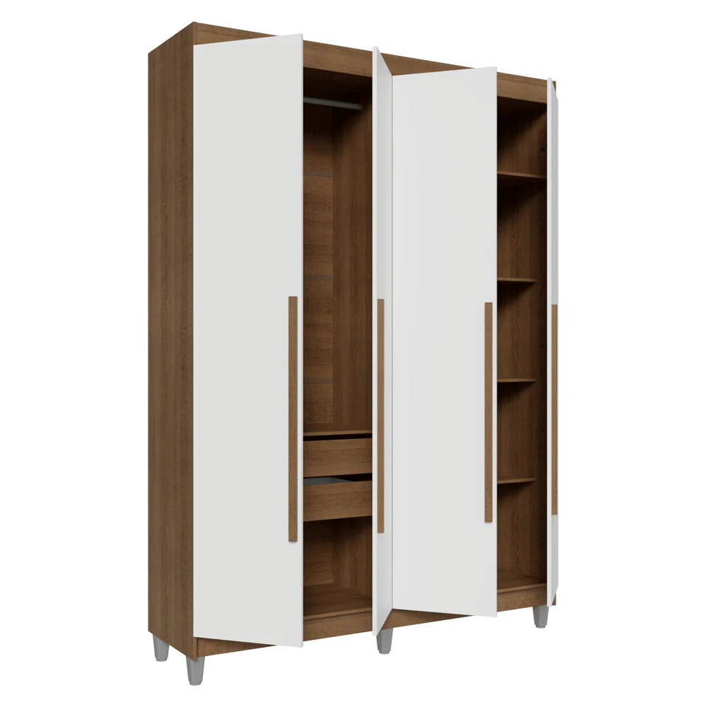 Guarda-Roupa Solteiro com Pés 4 Portas Batentes Rustic/Branco/Rustic Venus Madesa - Image 9