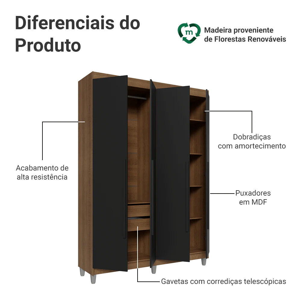 Guarda-Roupa Solteiro com Pés 4 Portas Batentes Rustic/Preto/Preto Venus Madesa - Image 4