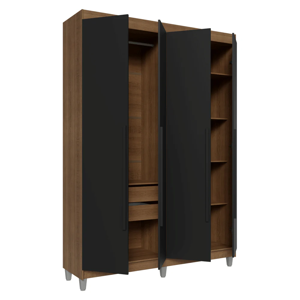 Guarda-Roupa Solteiro com Pés 4 Portas Batentes Rustic/Preto/Preto Venus Madesa - Image 9