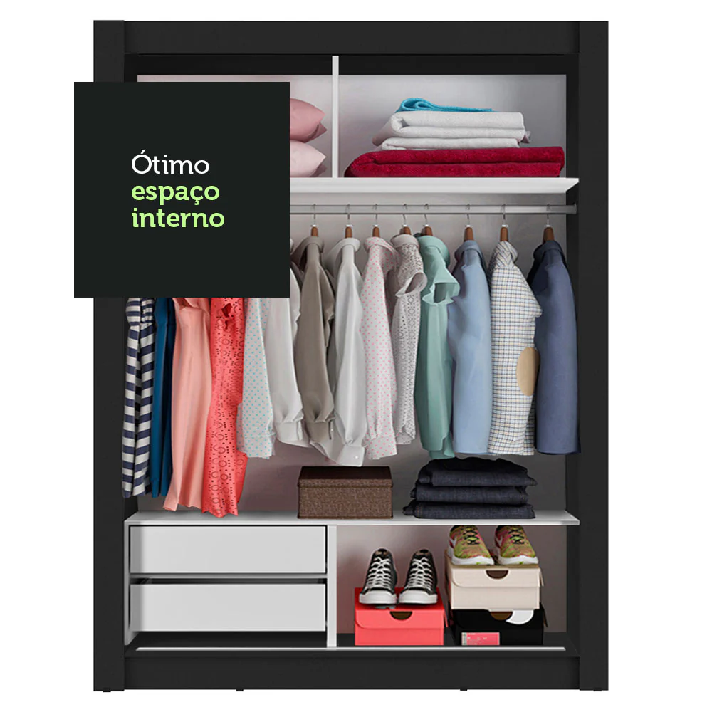 Guarda-Roupa Solteiro Madesa Dallas 2 Portas de Correr 2 Gavetas Preto/Branco - Image 7