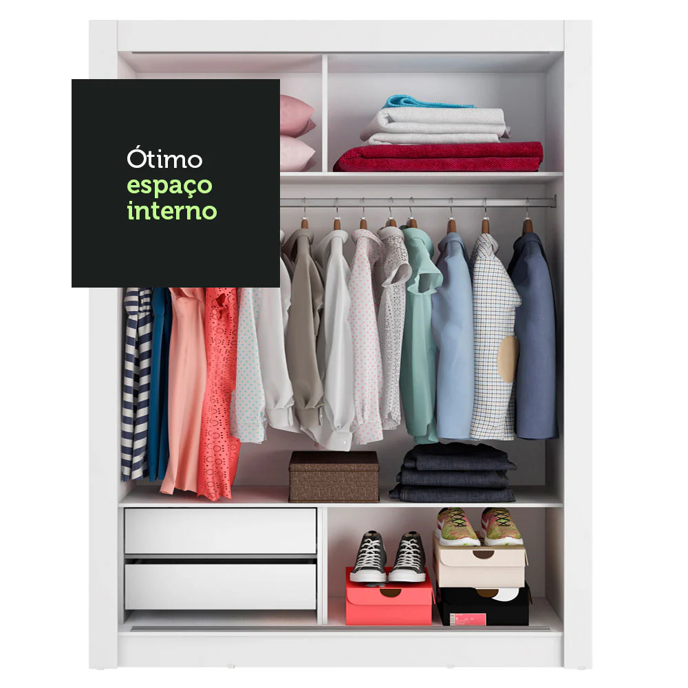 Guarda-Roupa Solteiro Madesa Dallas 2 Portas de Correr com Espelho 2 Gavetas Branco - Image 8