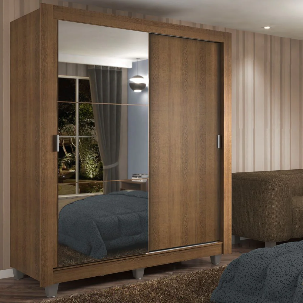 Guarda-Roupa Solteiro Madesa Dallas 2 Portas de Correr com Espelho 2 Gavetas com Pés Rustic