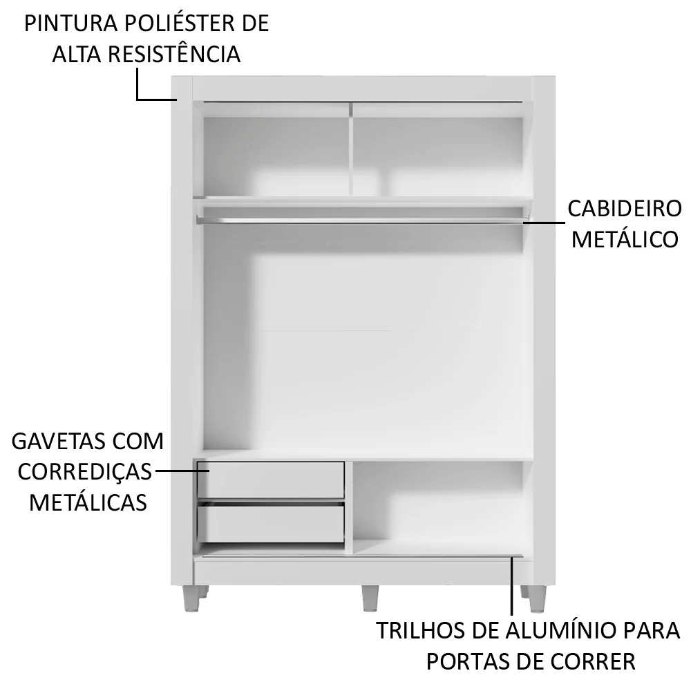 Guarda-Roupa Solteiro Madesa Dallas 2 Portas de Correr de Espelho 2 Gavetas com Pés Branco - Image 5