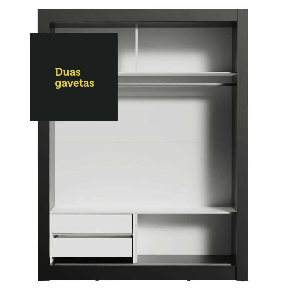 Guarda-Roupa Solteiro Madesa Dallas 2 Portas de Correr de Espelho 2 Gavetas Preto - Image 8