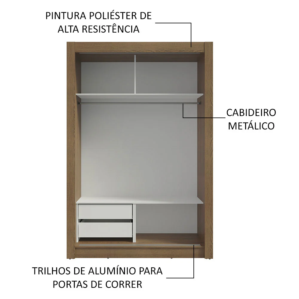 Guarda-Roupa Solteiro Madesa Dallas 2 Portas de Correr de Espelho 2 Gavetas Rustic - Image 6