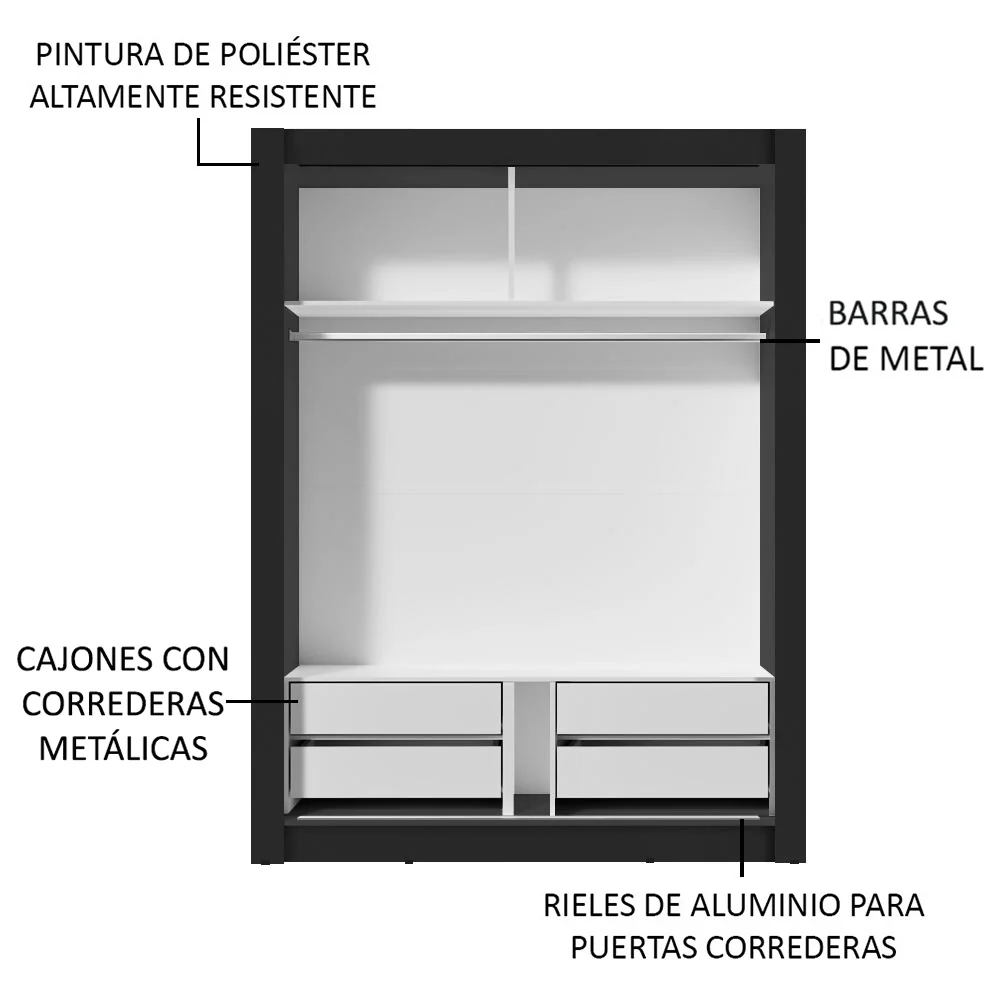 Guarda-Roupa Solteiro Madesa Dallas Plus 2 Portas de Correr 4 Gavetas Preto - Image 6
