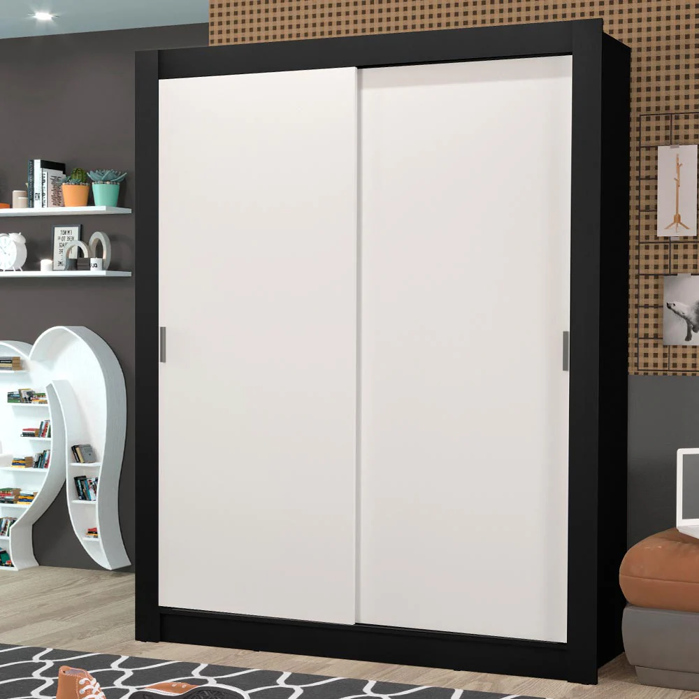 Guarda-Roupa Solteiro Madesa Dallas Plus 2 Portas de Correr 4 Gavetas Preto/Branco