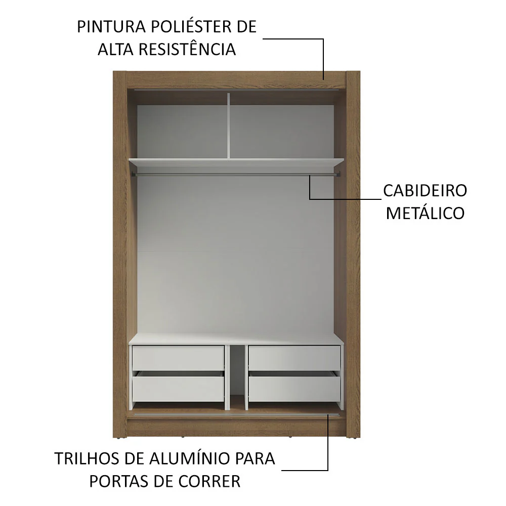 Guarda-Roupa Solteiro Madesa Dallas Plus 2 Portas de Correr 4 Gavetas Rustic/Branco - Image 6