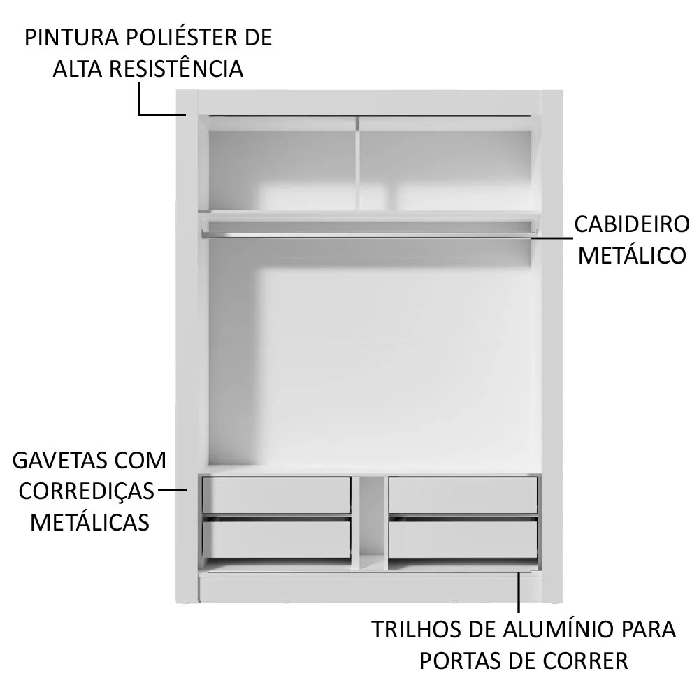 Guarda-Roupa Solteiro Madesa Dallas Plus 2 Portas de Correr com Espelho 4 Gavetas Branco/Preto - Image 6