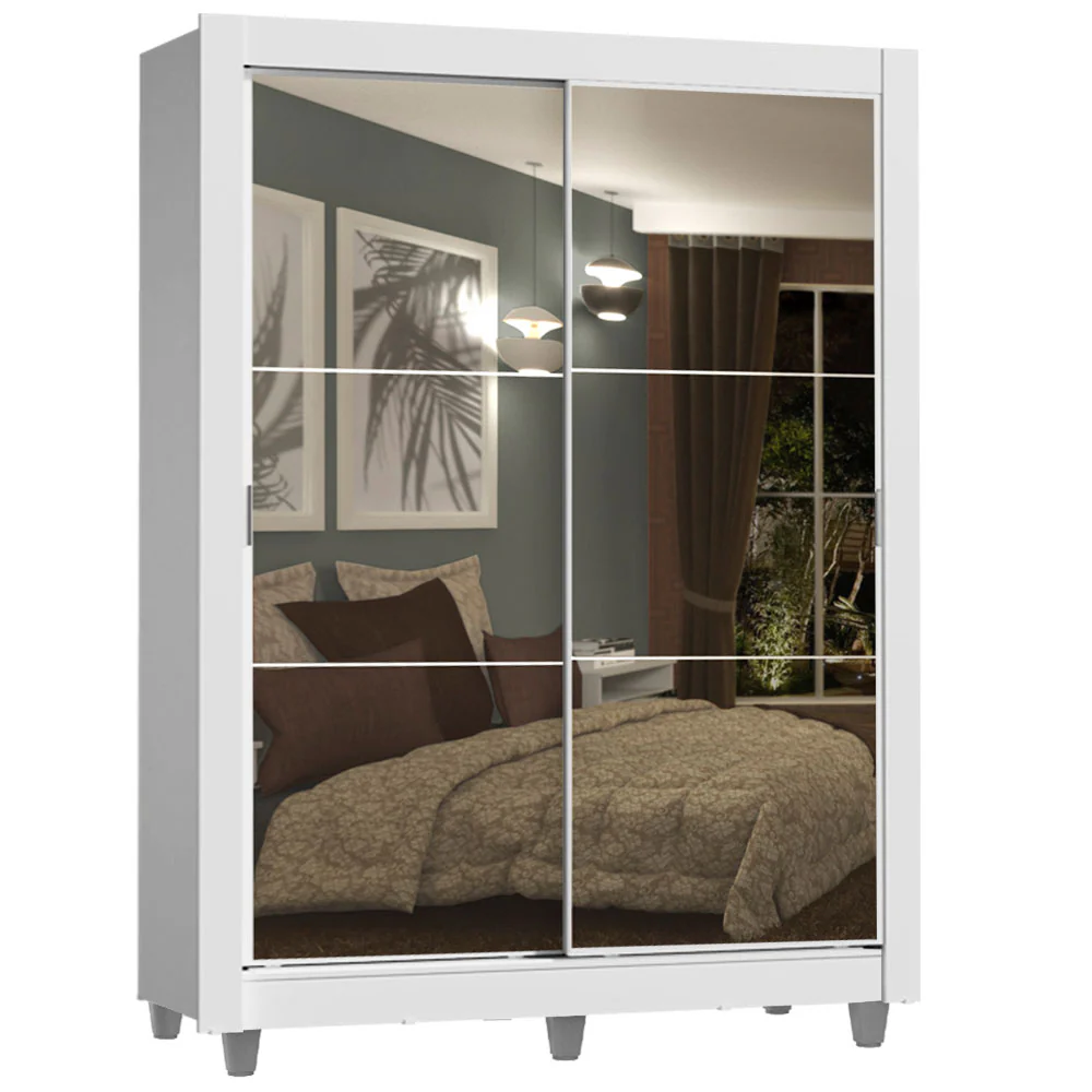 Guarda-Roupa Solteiro Madesa Dallas Plus 2 Portas de Correr de Espelho 4 Gavetas com Pés Branco