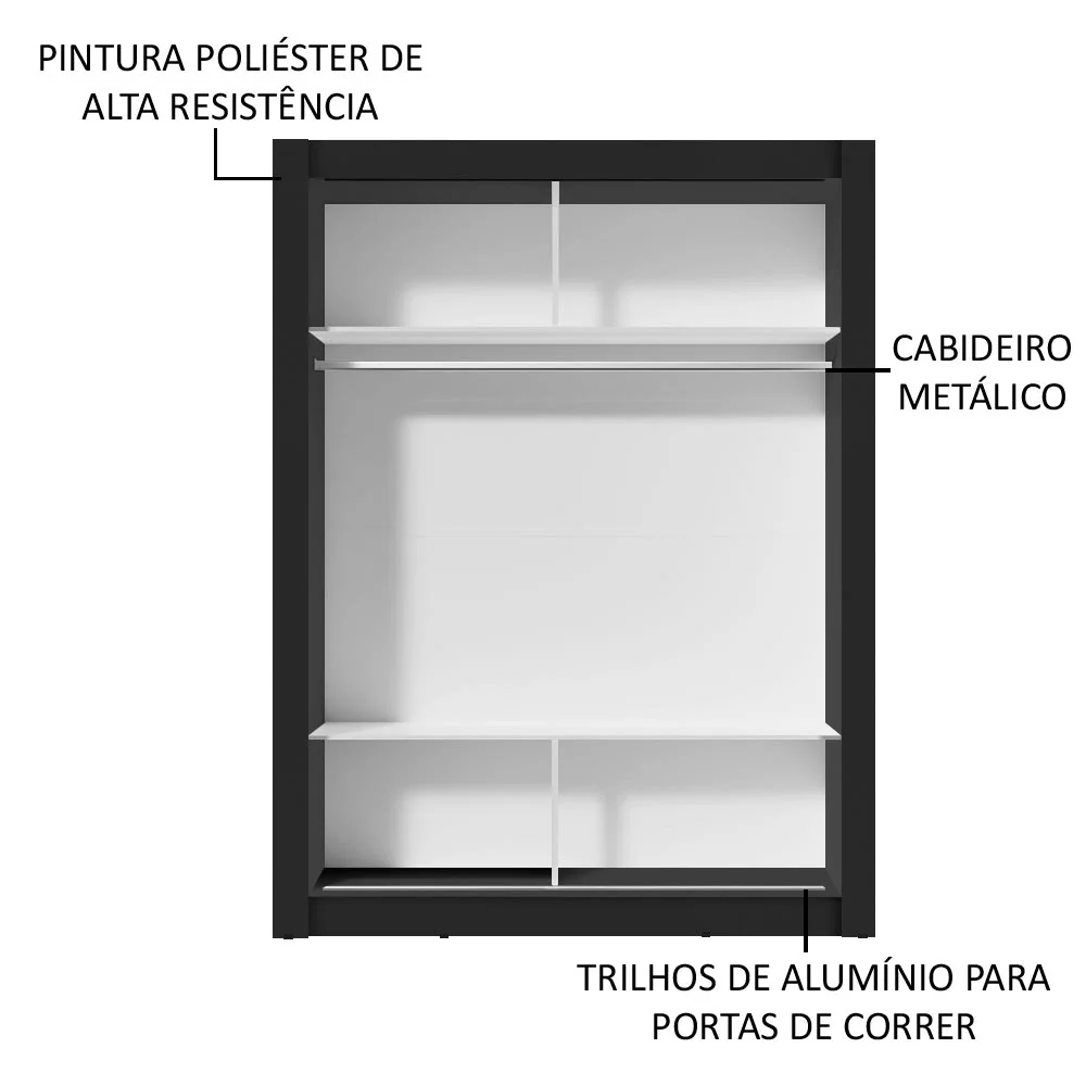 Guarda-Roupa Solteiro Madesa Denver 2 Portas de Correr com Espelho Preto/Cinza - Image 6